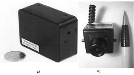 Рис. 25. Миниатюрные видеокамеры, комплексированные с видеопередатчиками: а) SIM-VLT-241/IA; б) SIM-VLT-125.